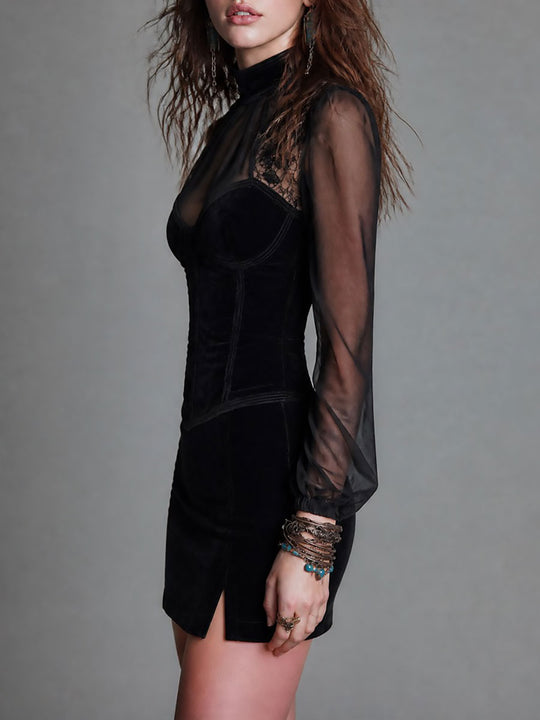 Retro Long Sleeve Lace Bustier Side-slit Hem Suede Mini Dress