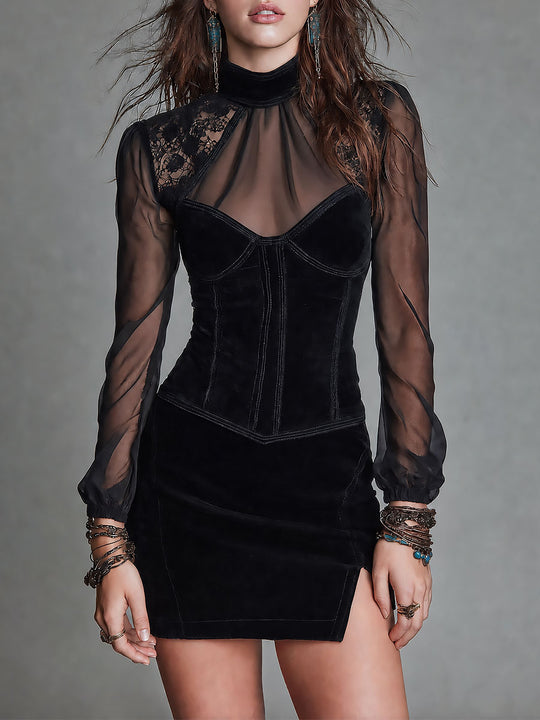 Retro Long Sleeve Lace Bustier Side-slit Hem Suede Mini Dress