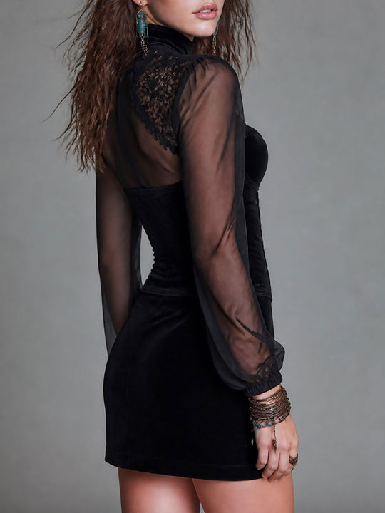 Retro Long Sleeve Lace Bustier Side-slit Hem Suede Mini Dress