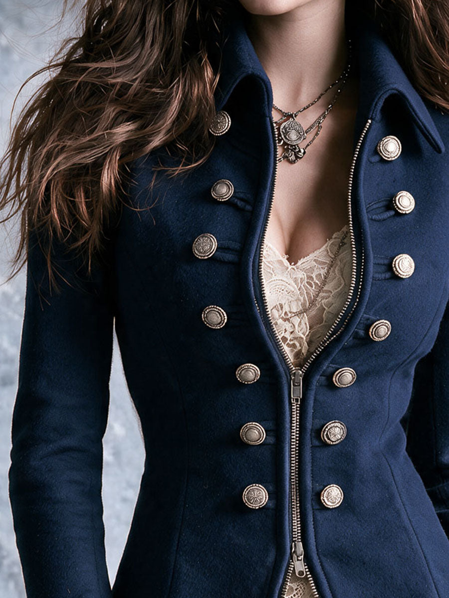 Vintage Victorian Double Zipperi Woolen Blazer With Decor Buttons