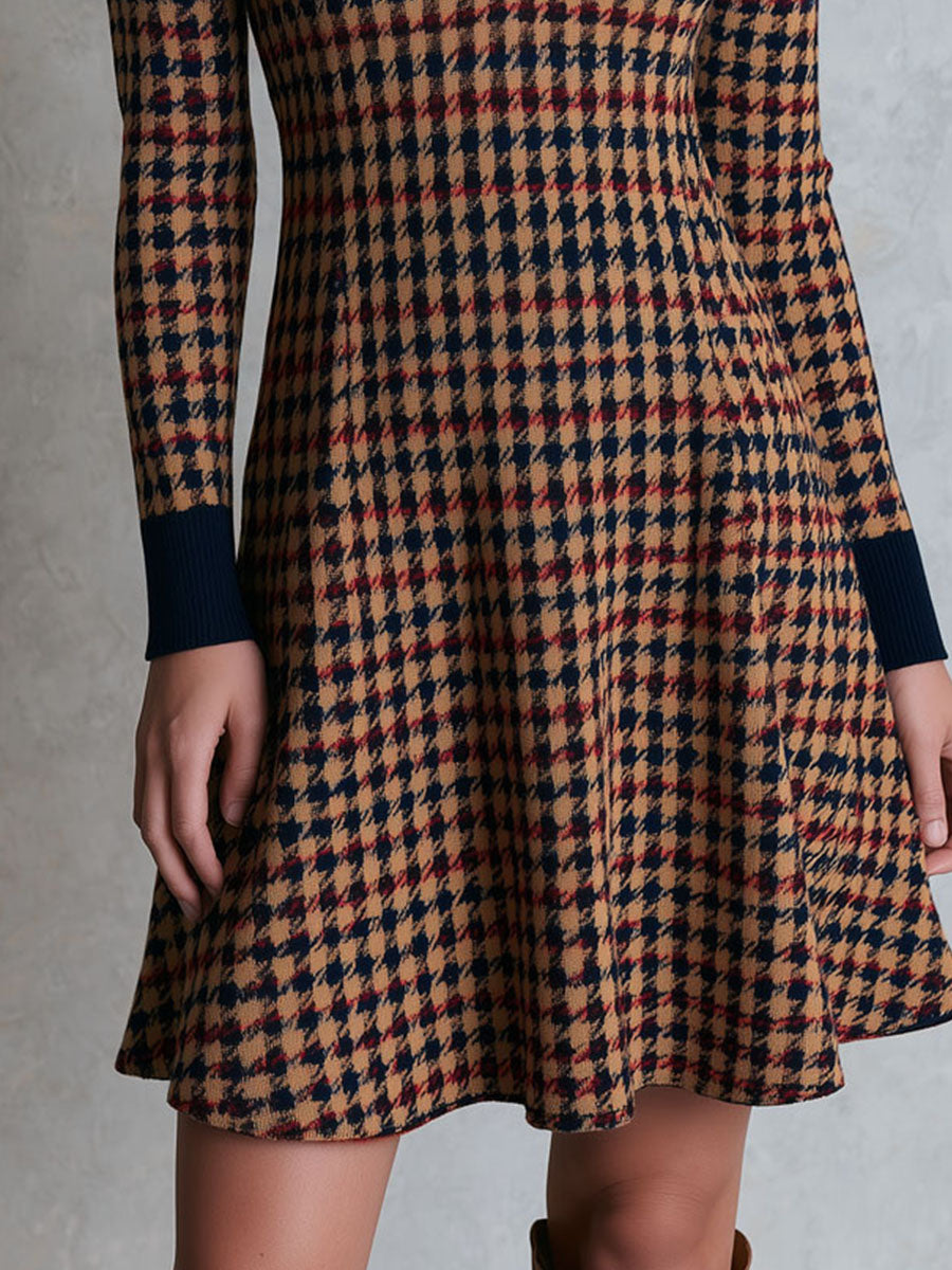 Vintage Contrast Navy Collar Cuff Houndstooth Knit A‑Line Mini Dress