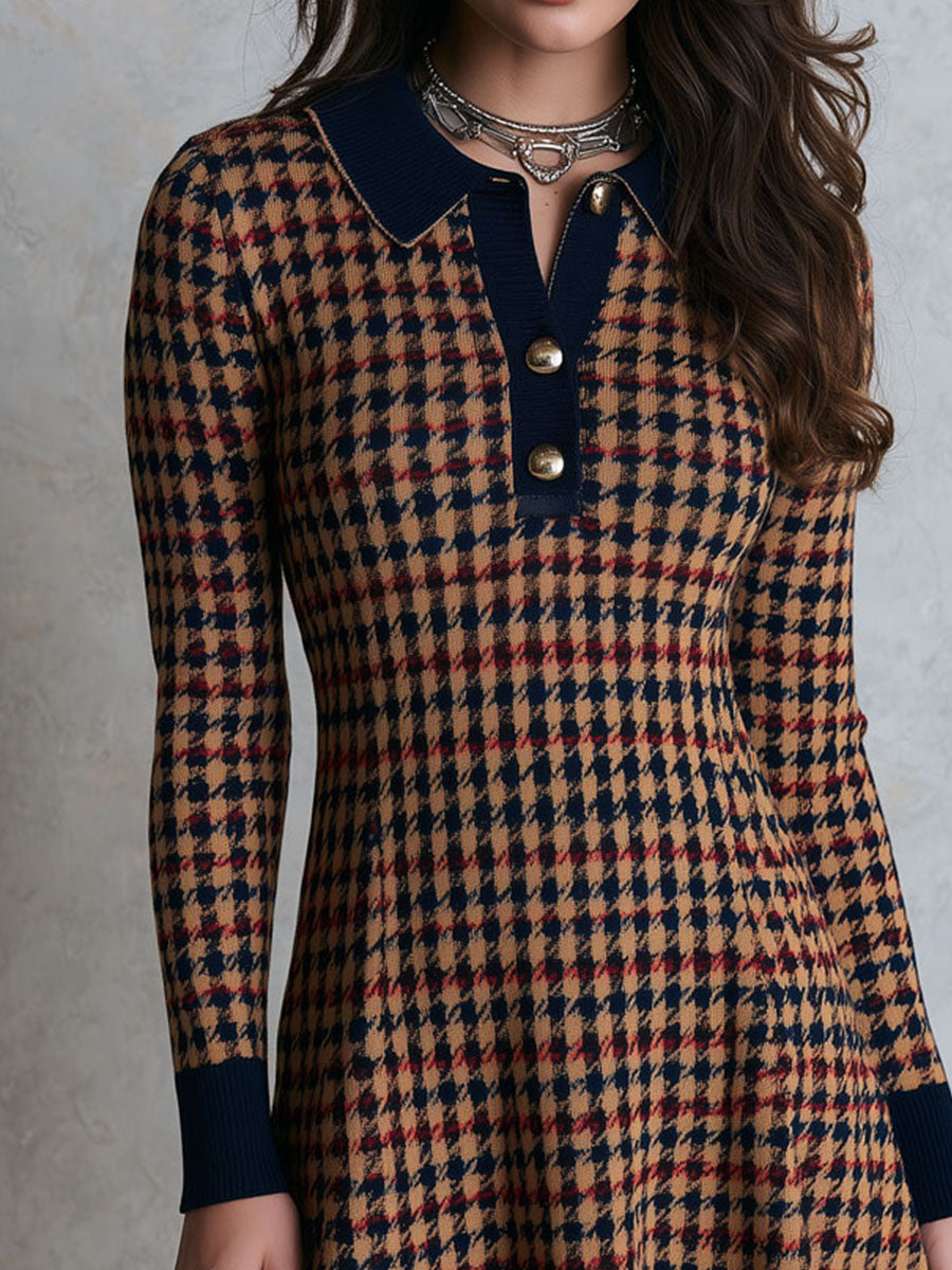Vintage Contrast Navy Collar Cuff Houndstooth Knit A‑Line Mini Dress