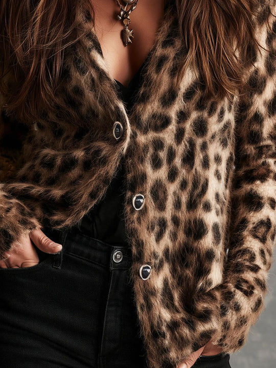 Retro Western Fluffy Mohair‑Feel Leopard Knit Cardigan