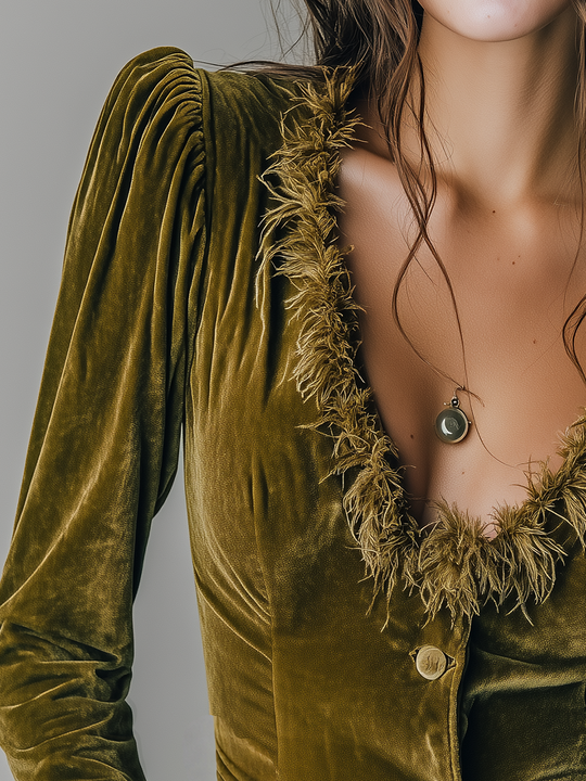 Refined Olive Green Feather-Trim Velvet Jacket