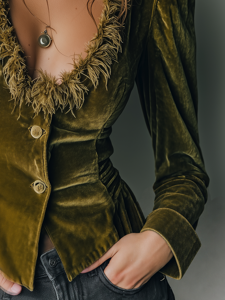 Refined Olive Green Feather-Trim Velvet Jacket