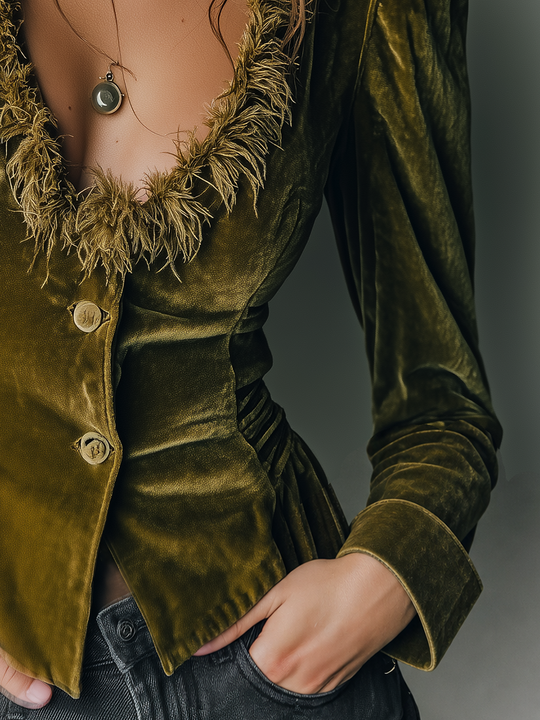 Refined Olive Green Feather-Trim Velvet Jacket