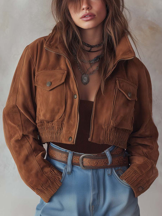 Women's Snap Pockets Cropped Polyester Suede Jacket