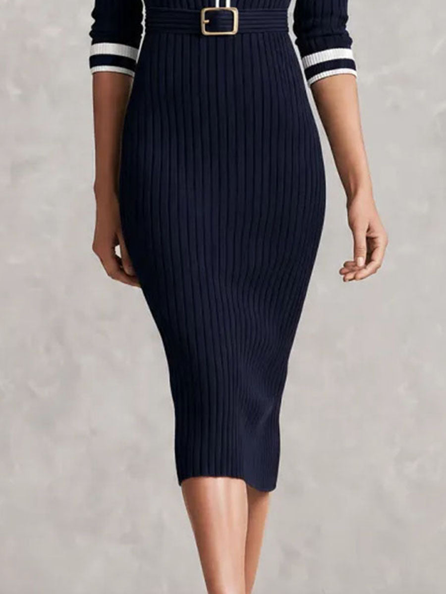 Quiet Luxury Contrast White Trim Ribbed Sweater Polo Dress