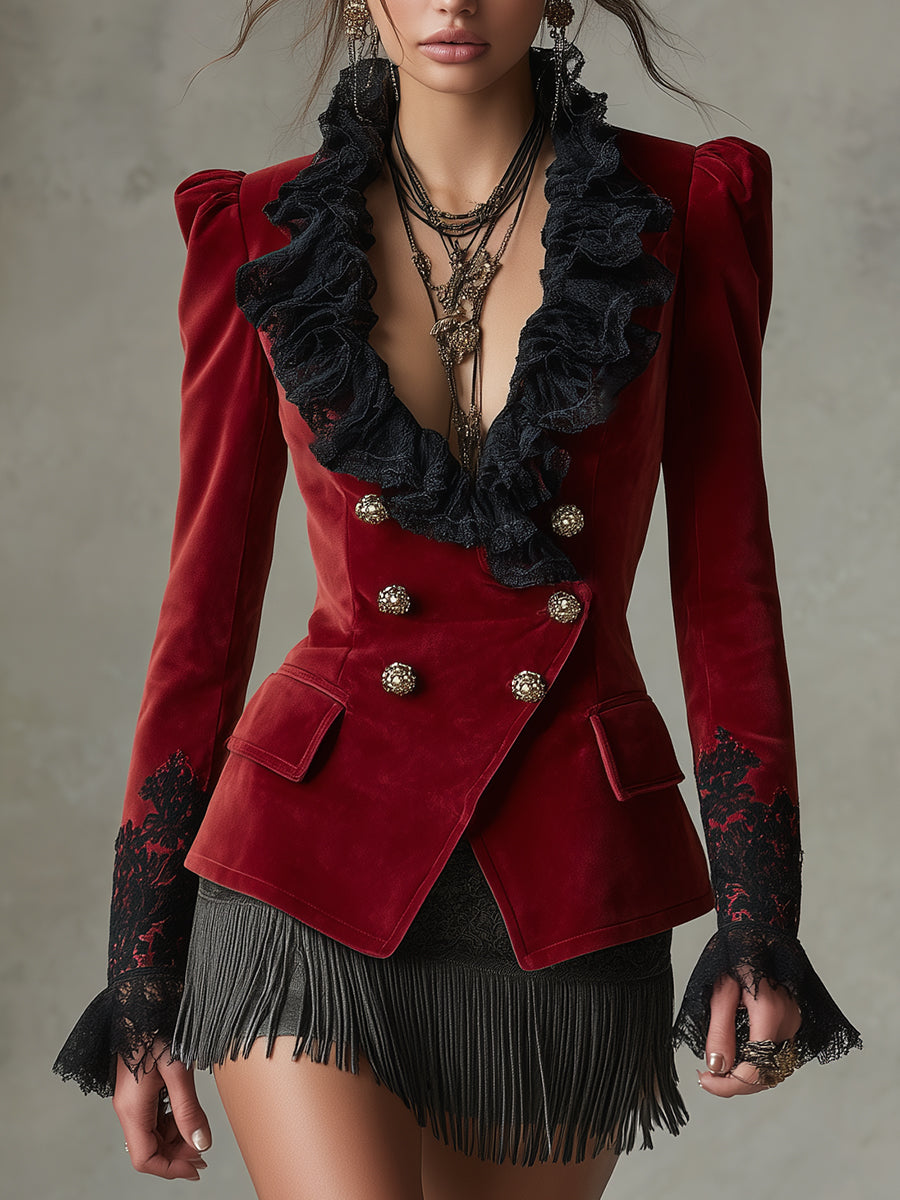 Crimson Bohemian Ruffle Blazer