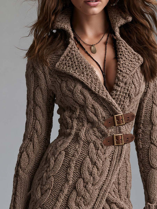 Asymmetric Placket With Leather Buckle Knit Jacket