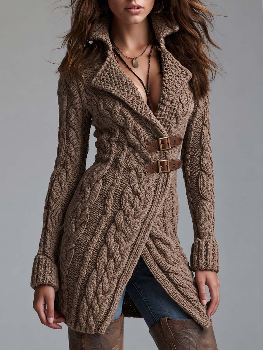 Asymmetric Placket With Leather Buckle Knit Jacket