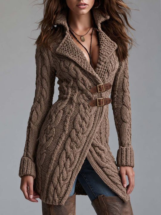 Asymmetric Placket With Leather Buckle Knit Jacket