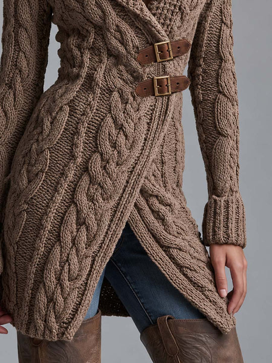 Asymmetric Placket With Leather Buckle Knit Jacket
