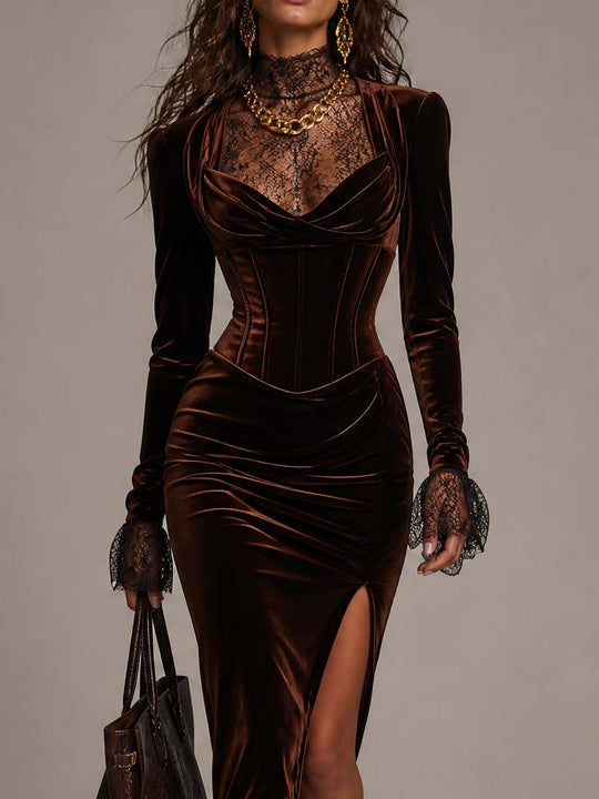 VIntage Velvet Lace Mock Neck Long Sleeve Bodycon Midi Dress With Side Slit