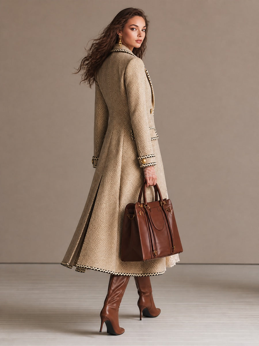 Vintage Herringbone Double-Breasted Long Wool Coat with Contrast Trim