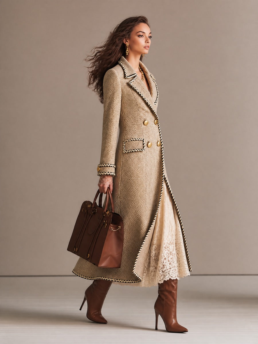 Vintage Herringbone Double-Breasted Long Wool Coat with Contrast Trim