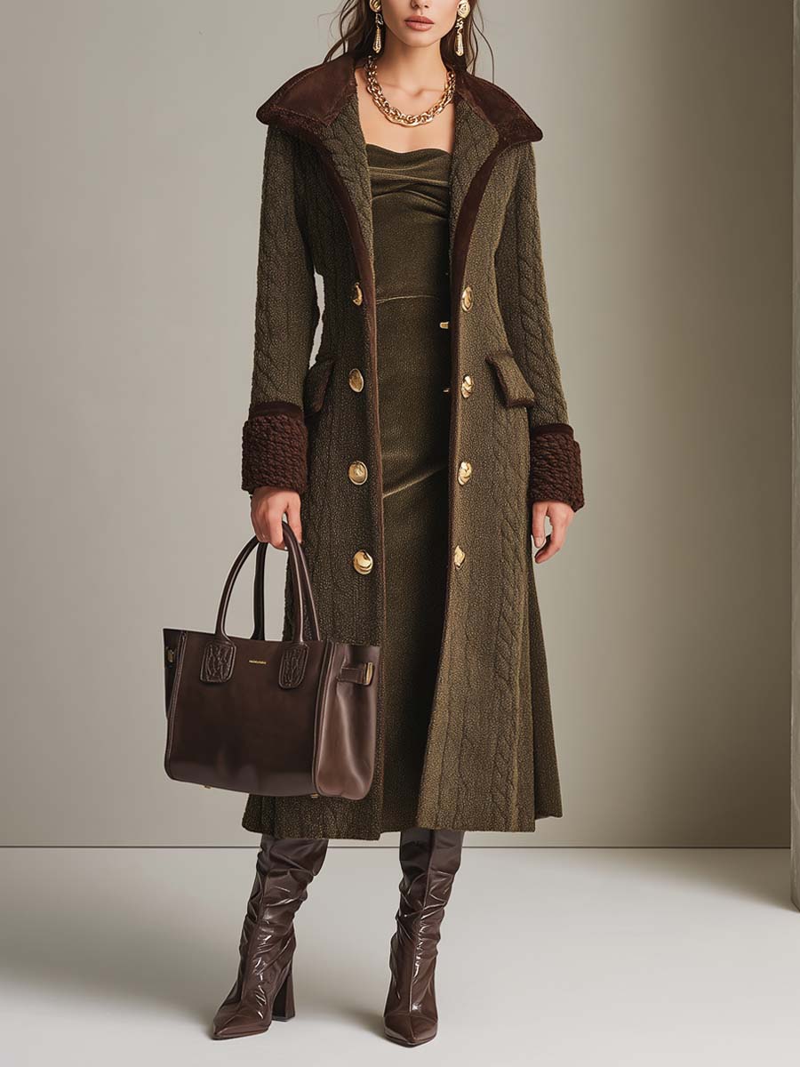 Vintage Double-Breasted Cable Knit Long Coat With Contrast Cuffs