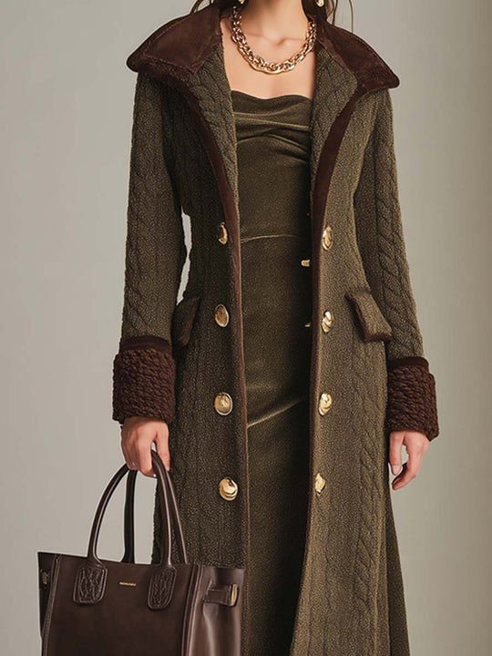 Vintage Double-Breasted Cable Knit Long Coat With Contrast Cuffs