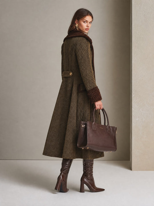 Vintage Double-Breasted Cable Knit Long Coat With Contrast Cuffs