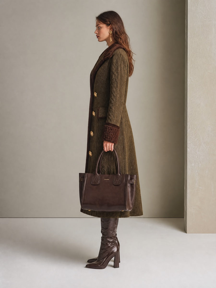 Vintage Double-Breasted Cable Knit Long Coat With Contrast Cuffs