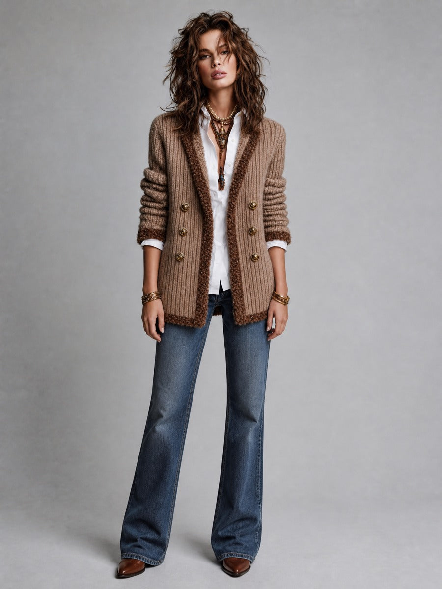 Women's Chunky Rib-Knit Double-Breasted Cardigan with Boucle Trim