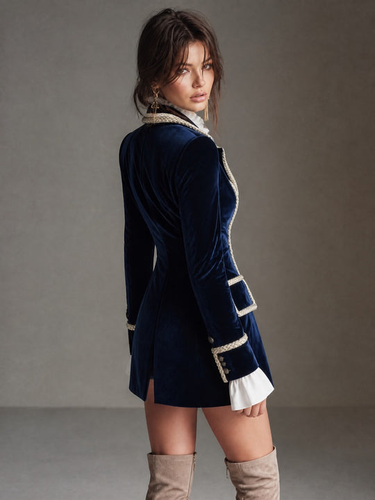 Elegant Navy Velvet Double-Breasted Braided Trim Blazer Dress