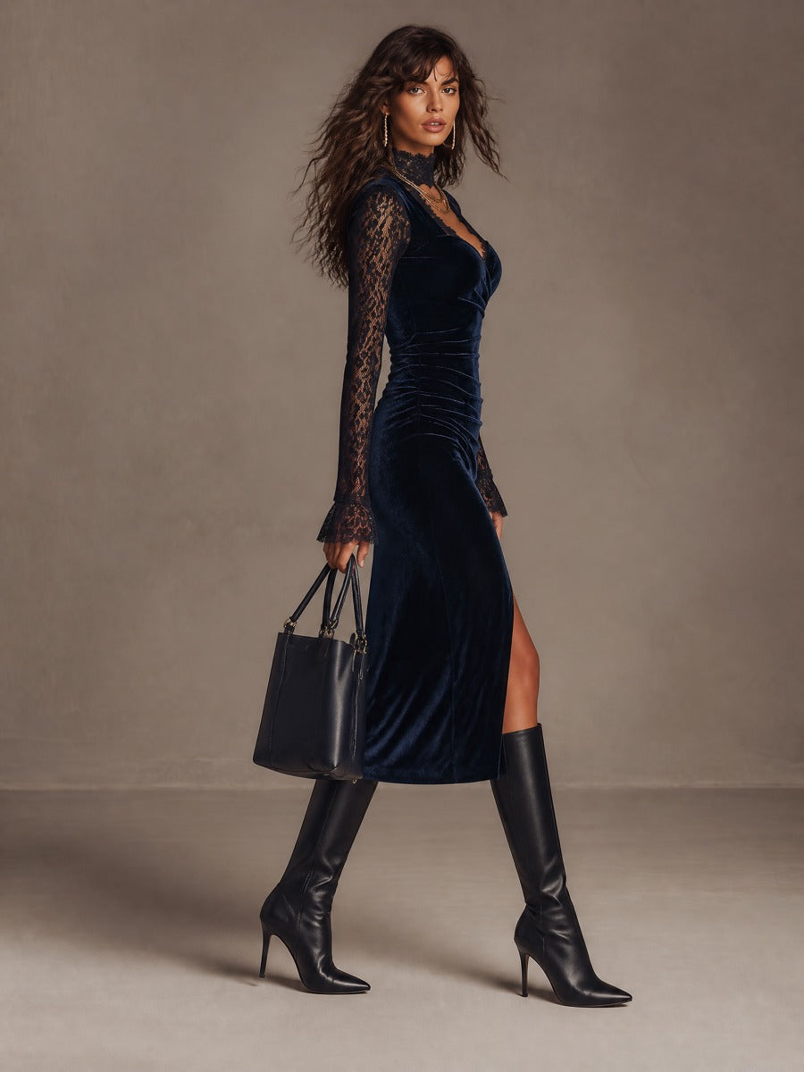 Vintage Velvet Lace Splice Long Sleeve Bodycon Midi Dress With Front Slit