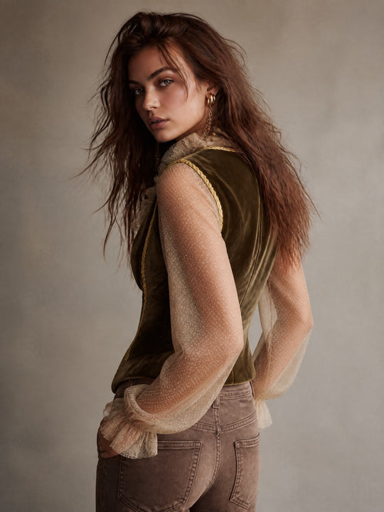 Vintage Olive Green Velvet Fitted Vest With Gold Trim