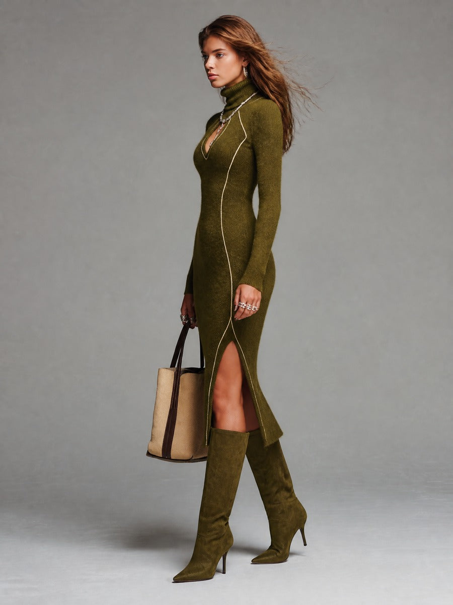 Turtleneck Cutout Long Sleeve Knit Bodycon Maxi Dress with Side Slit