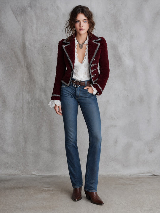 Women's Contrast Trim Burgundy Teddy Fleece Military Jacket