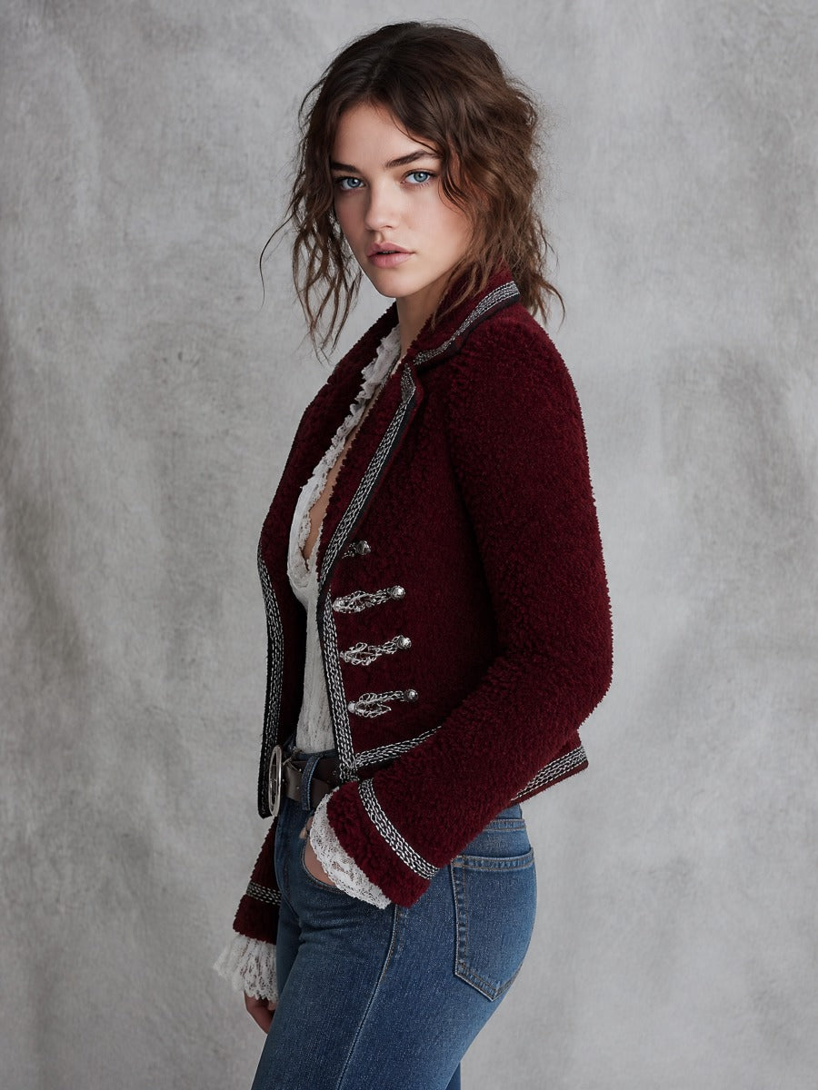 Women's Contrast Trim Burgundy Teddy Fleece Military Jacket