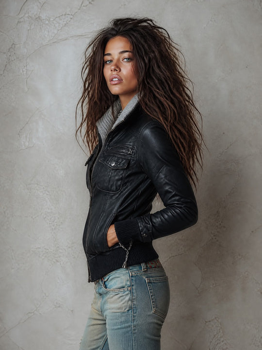 Women's Faux Leather Bomber Jacket with Contrast Knit Collar