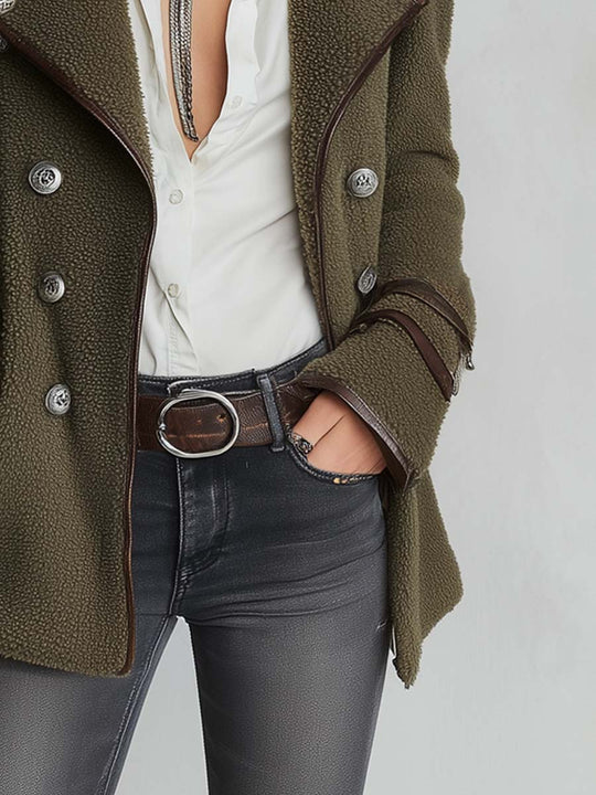 Vintage Contrast Trim Faux Fur Collared Coat