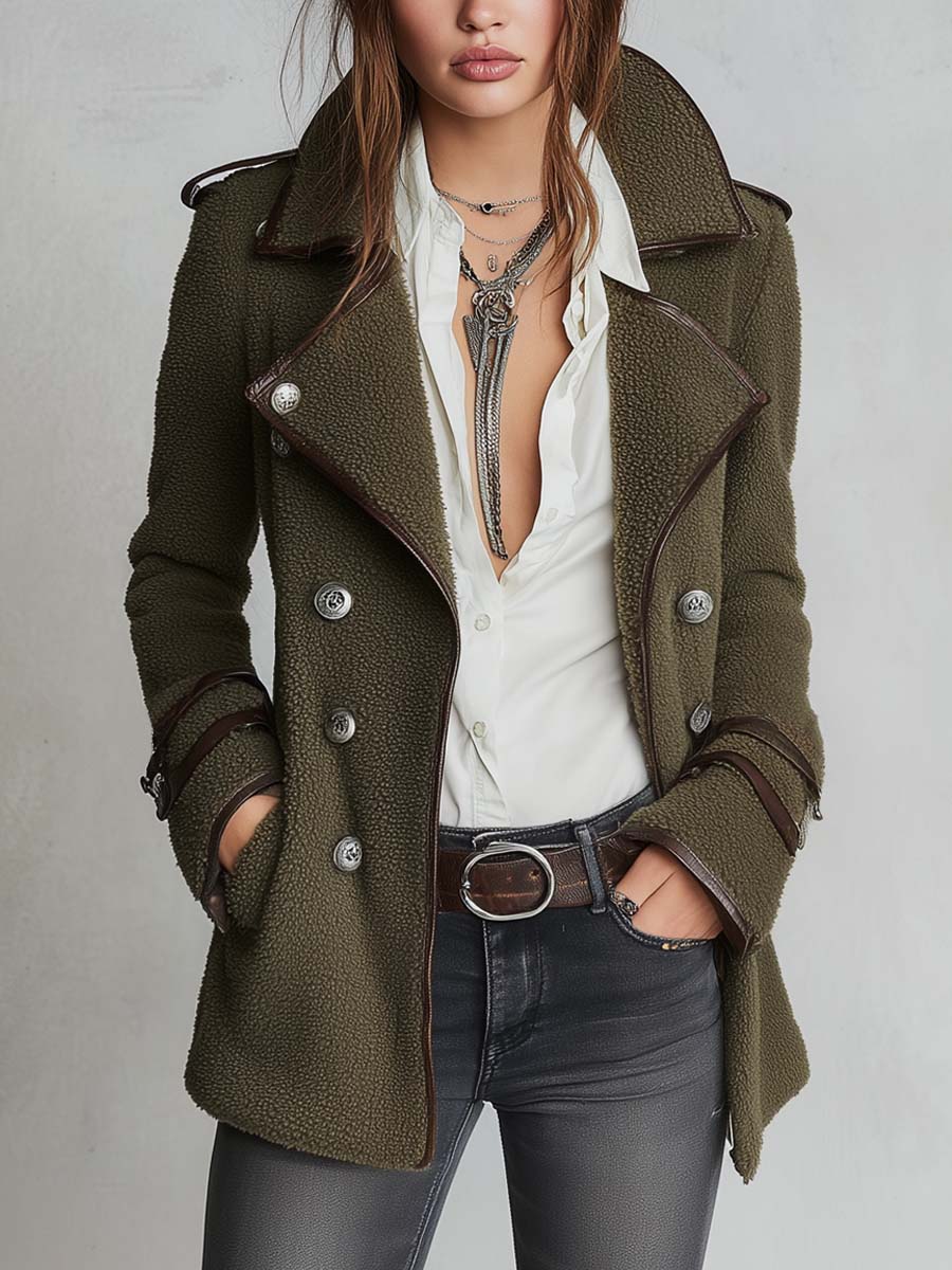 Vintage Contrast Trim Faux Fur Collared Coat