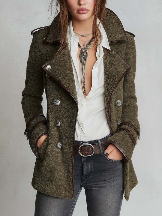 Vintage Contrast Trim Faux Fur Collared Coat