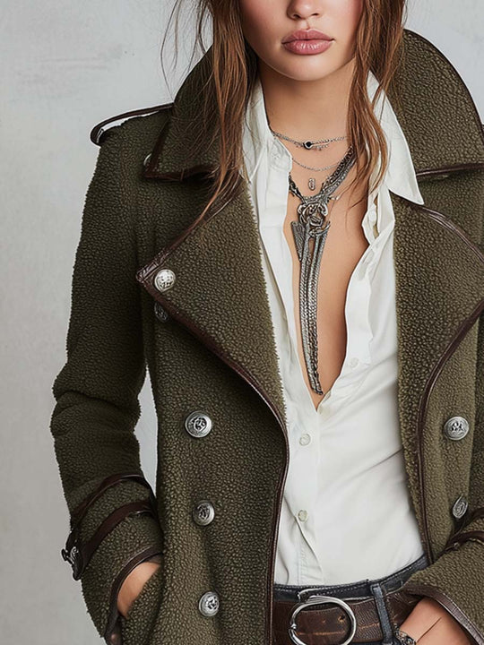 Vintage Contrast Trim Faux Fur Collared Coat