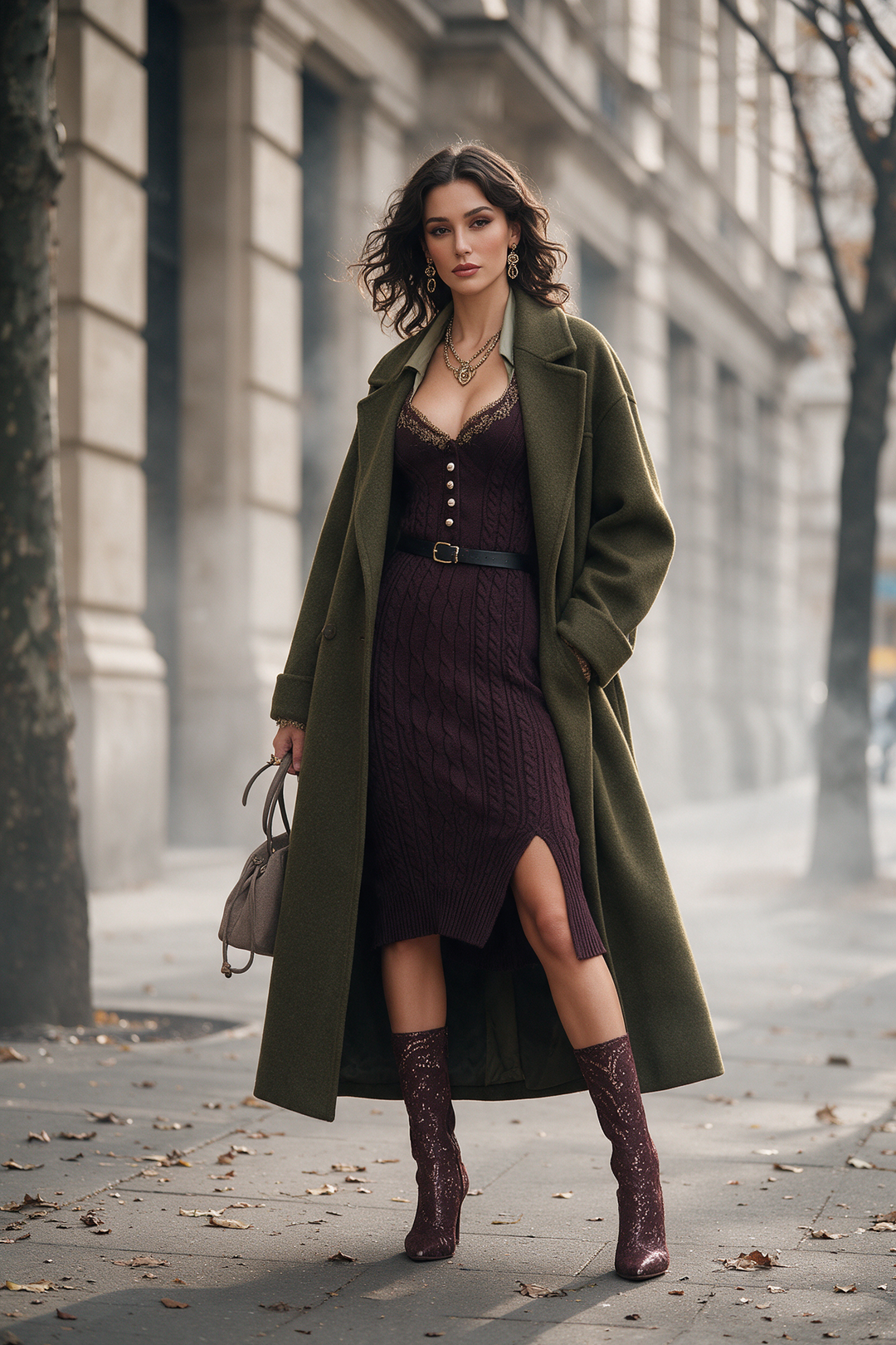 Vintage Berry-Purple Cable-Knit Midi Dress With Contrasting Lace Collar