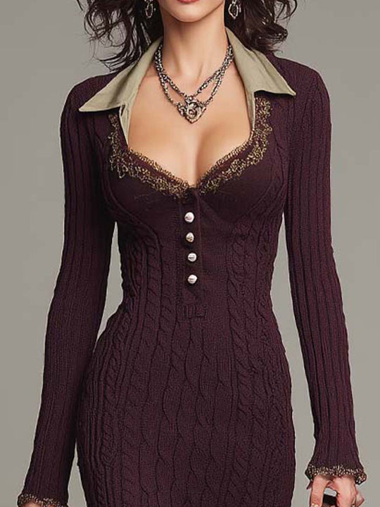 Vintage Berry-Purple Cable-Knit Midi Dress With Contrasting Lace Collar