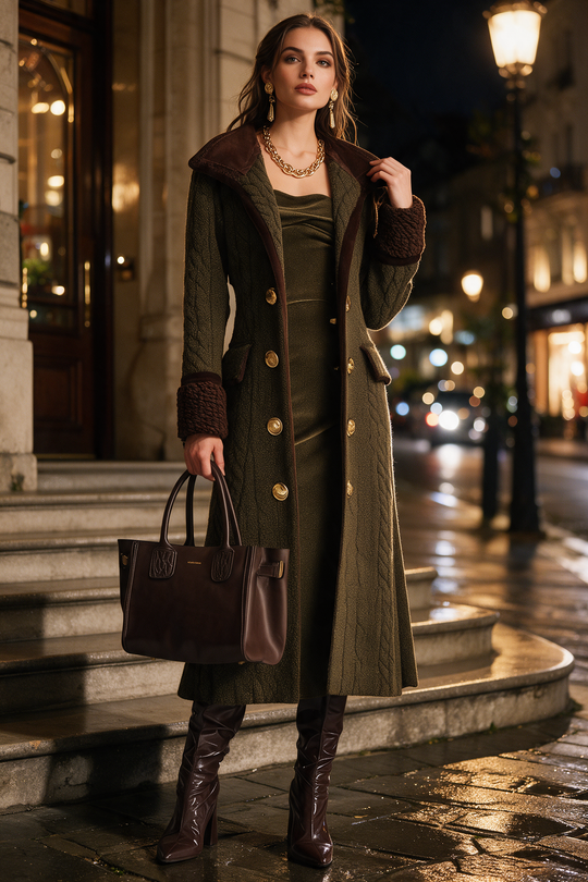 Vintage Double-Breasted Cable Knit Long Coat With Contrast Cuffs
