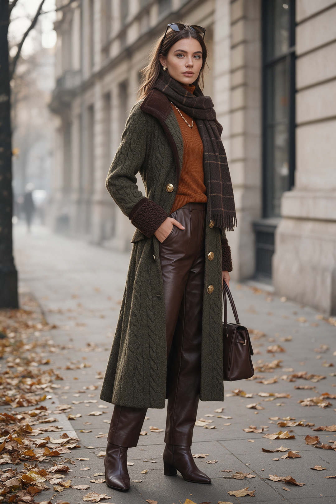 Vintage Double-Breasted Cable Knit Long Coat With Contrast Cuffs