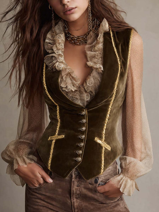 Vintage Olive Green Velvet Fitted Vest With Gold Trim