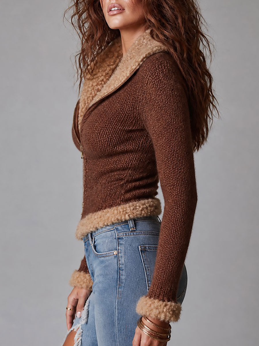 Vintage-style Zip-Up Cardigan With Faux Shearling Trim