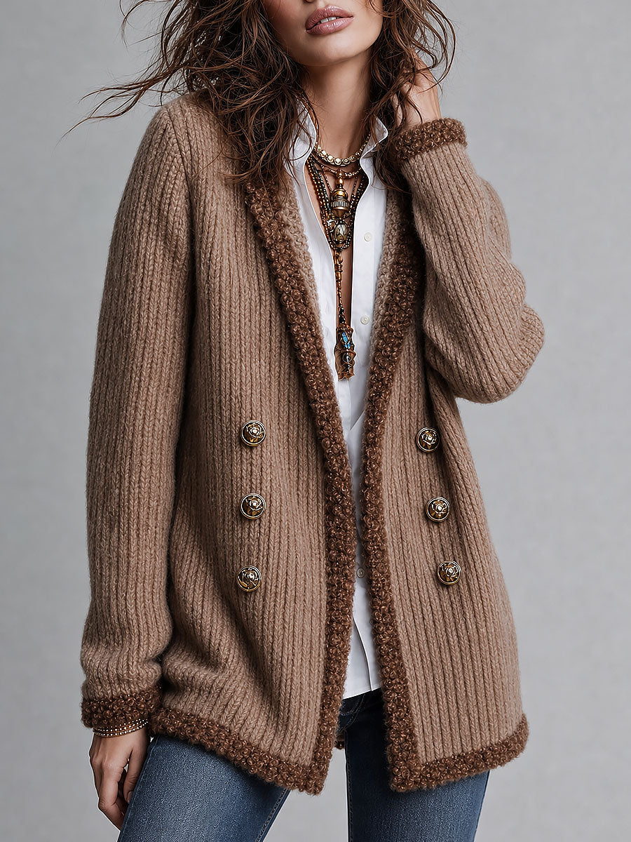 Women's Chunky Rib-Knit Double-Breasted Cardigan with Boucle Trim