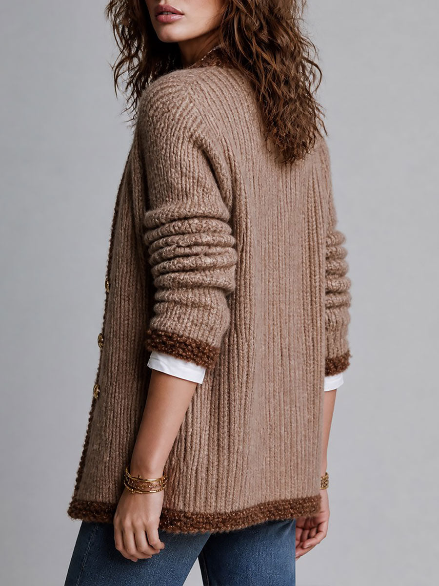 Women's Chunky Rib-Knit Double-Breasted Cardigan with Boucle Trim