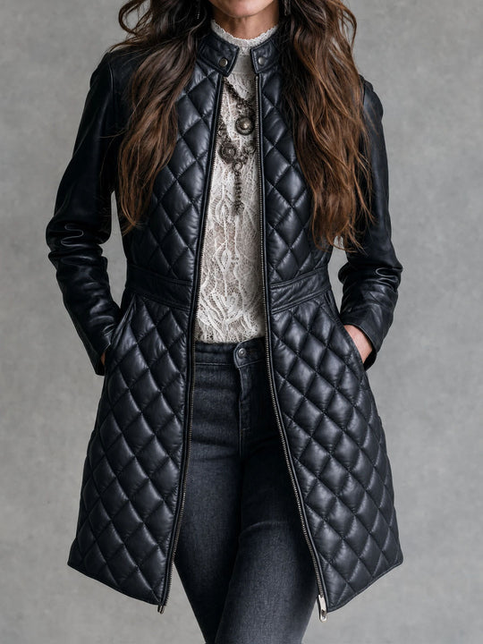 Retro Stand Collar Diamond Quilted Faux Leather Mid Coat