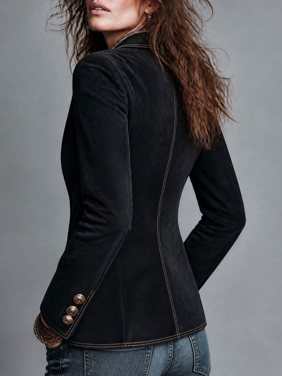 Boho Double-Breasted Suede Blazer With Contrast Stitching
