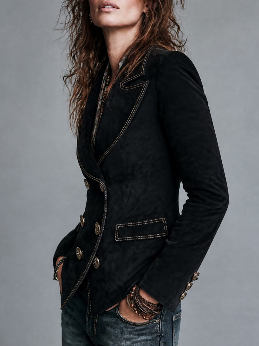 Boho Double-Breasted Suede Blazer With Contrast Stitching