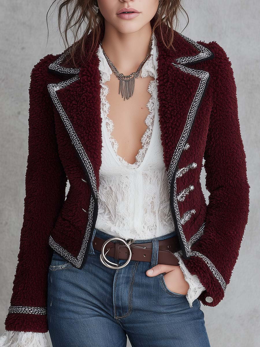 Women's Contrast Trim Burgundy Teddy Fleece Military Jacket