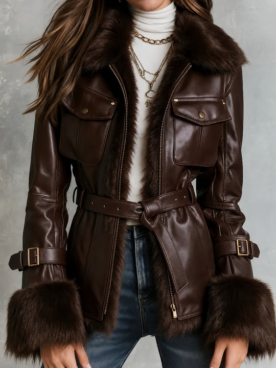 Chocolate Brown Fur Collar Leather Moto Jacket With Belted Waist & Pocketed