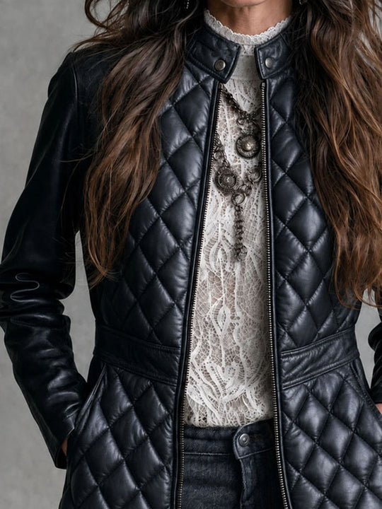 Retro Stand Collar Diamond Quilted Faux Leather Mid Coat